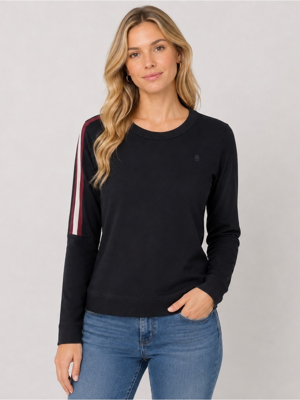 G STAR Raw Black Racing Nostelle Stripe Sleeves Crop Sweater Preppy Top Size S